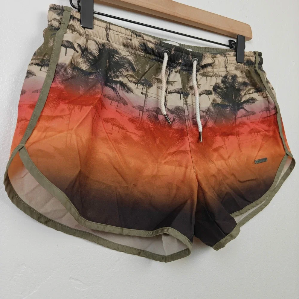 Parke Ronen Mens Swim Trunks Small Orange Tropical Sunset Palm Tree Dolphin Hem